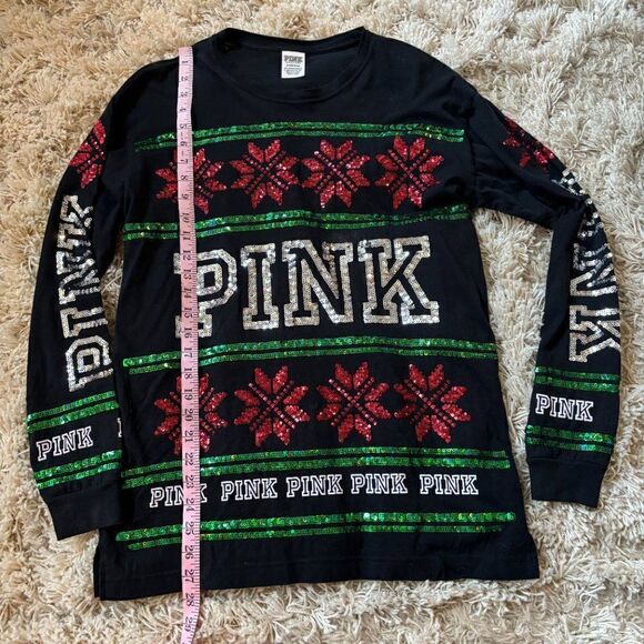 🎄 Victoria's Secret PINK Sequin Bling Holiday Christmas Long Sleeve Tee Size S - Picture 9 of 10